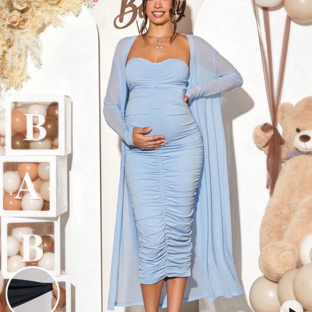 SHEIN Light Blue Ruched Maternity Dress with Sheer Overlay